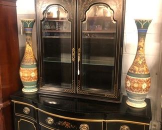 Pair of ornate hand painted Vases, painted display Hutch