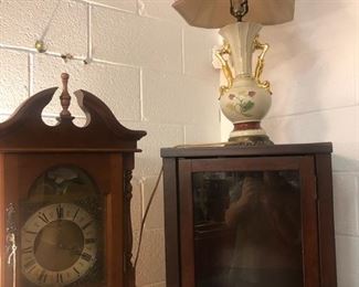 Antique Grandfather Clock, lamp and display cabinet