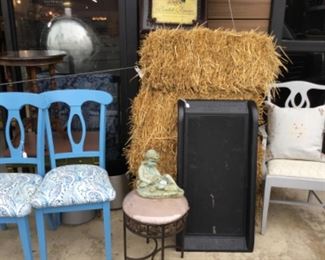 Chairs, stool, cement garden statue, dog ramp