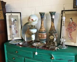 Painted Dresser, artwork, Antique Lamp, pottery vases, Antique Mantle Clock
