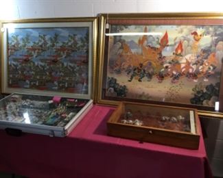Large framed art, jewelry case with costume pieces