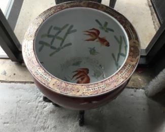 Large Asian painted pot on stand (2)