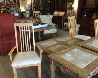 Chair, marble top coffee table and side tales 