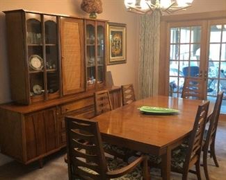 Mid Century Modern Young Manufacturing Vintage Table w/ 3 Leaves, 6 Cats Eye Ladder Back Chairs & Breakfront China Cabinet
