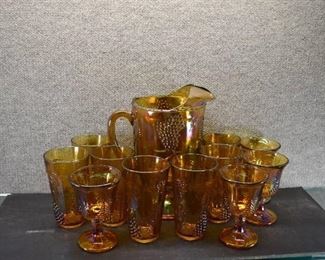 Vintage Indiana Marigold Carnival Glass Harvest Grape Set | 7 Tumblers, 4 Goblets, 1 Pitcher | ~ LOCAL PICKUP ONLY ~