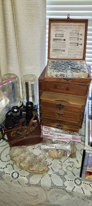 Antique Kingsley Tray/Cabinet With Typeset, WWII Era Zeiss Binoculars
