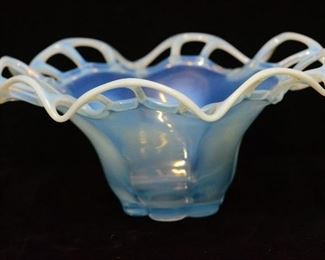 Fancy Glass, Blue Bowl with Opalescent Pie Crust Trim