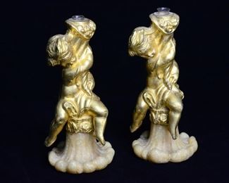 Gilded Child Statue on Marble Base (with Flame Holder)