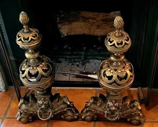 Large bronze pair of andirons