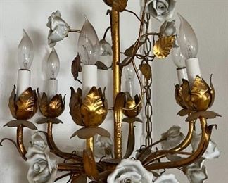 Gilt, ceramic flowers chandelier
