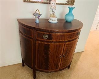 1940s Johnson Handley flame mahogany demilune chest