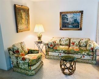 Vintage Baker floral with birds sofa and side chair