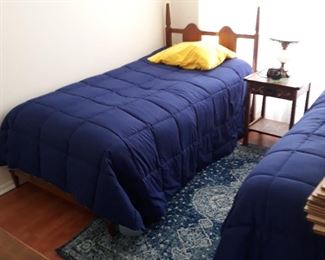 Pair of twin beds with newer mattress 
And blue  area rug