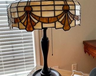 Old slag glass lamp (as is) there is some damage to the shade but it can be repaired please inquire. 