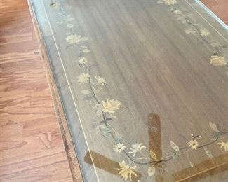 Inlay coffee table with custom glass top
