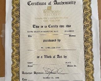 Certificate for the artwork