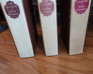 William Shakespeare's three-volume set: The Tragedies, The Histories, and the Comedies.
