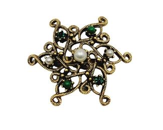 01 Vintage Brooch With Pearls Green Stones Authenticity Unknown