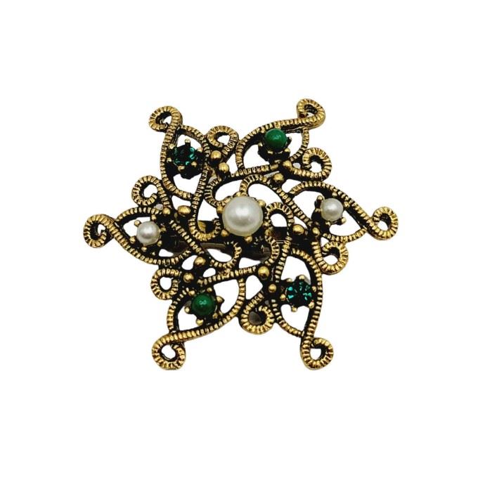 01 Vintage Brooch With Pearls Green Stones Authenticity Unknown