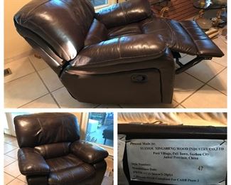Purchased in 2016. This Naugahyde recliner measures: 3ft 3in tall when upright, 5ft 7in fully laid out, 3ft 7in deep when closed, and 3ft 7in wide. Asking $200.