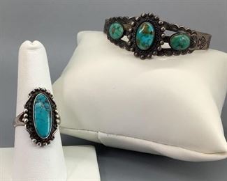 Turquoise and Silver Bracelet and Ring Ring is size 8, 18.3gtw
