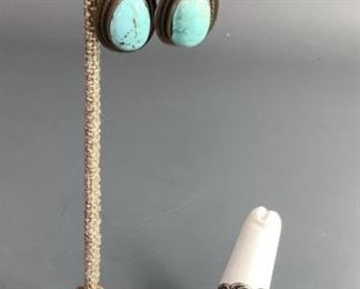 Turquoise Dangle Earrings, and Sterling ring, size 6, adjustable. 11.4gtw