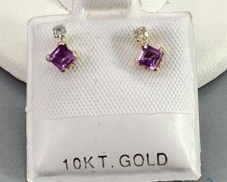 10K Gold Amethyst (0.4ct) and Diamond (0.06ct) Earrings