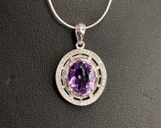 Silver and Amethyst Necklace, 18" chain, 6.1gtw.