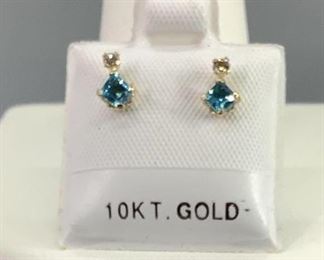 10K Gold Blue Topaz (0.44ct) and Diamond (0.06ct) Stud Earrings