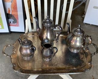Rogers Bros 1847 "Remembrance" silverplate very large tray, coffee/teapots, cream pitcher, and lidded sugar bowl.