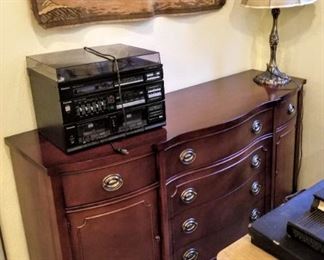Drexel sideboard, vintage stereo components, table lamps