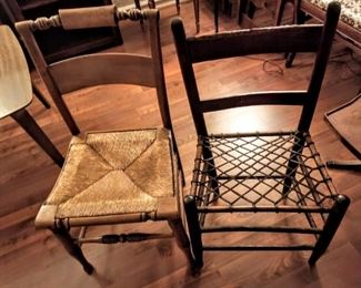 Two unpainted Hitchcock chairs (one pictured on left), and 1800s antique rustic handmade camp chair in very good condition on right.
