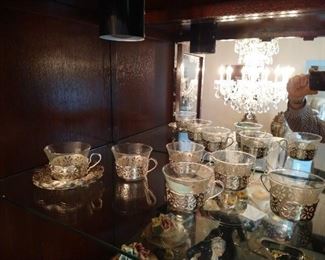 Turkish Style Glass Lined Silver Tea Cups with under plates.