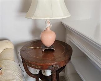 Antique Round Side Table with vintage Lenox Lamp