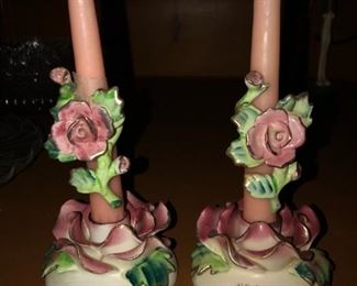 1956 Commodore Japan Pink Rose Candle Holder Shabby Pink Cottage Chic with Candle Climber