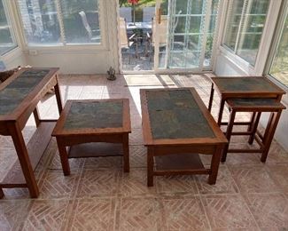 All 5 pieces $175 

Sofa Table 42” x 15” x 29”H
End Table 25” x 25” x 18”H
Coffee Table 42” x 25” x 18”H 
2 Stacking Table (large - 22” x 16” x 26”) &
 (Small 18” x 14” 24”) 

