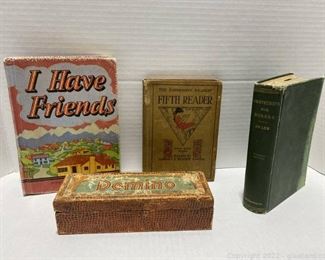 4 Early Educational Pieces featuring 3 Vintage books and a Set of Dominos