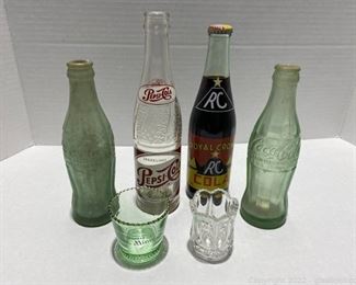 Group of 4 Vintage Soda Bottles and 2 Small Glass Items