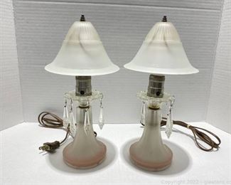 Pair of Vintage Frosted Glass Table Lamps Pink and Off White