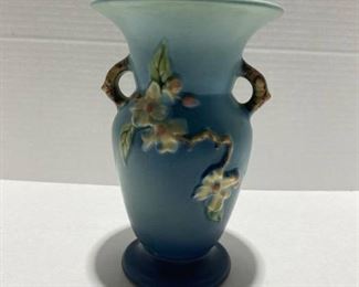 Roseville Pottery USA blue Double handled Vase Apple Blossom