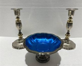 Vintage Wm A Rogers Silverplate Pedestal Candy Dish Unusual Blue Coating Inside Dish and Pair of Silverplate Candlesticks