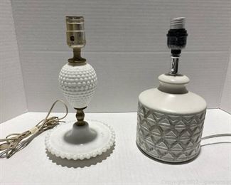 White Hobnail Milk Glass Table Lamp 11in and White Diamond Weave Table Lamp 11in