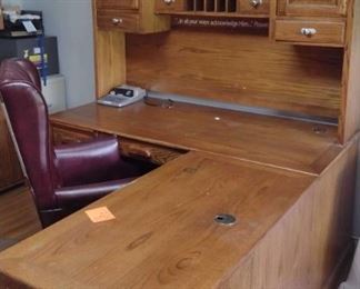 Wood desk. L-shaped with bookcase, chair and mat. 