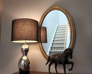 lamp 26" high; horse sculpture 12" high x 14" long; oval mirror 30" high x 21" wide