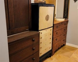 Drop front desk 64" high x 36" wide x 20" deep; Asian inspired silver chest 55" high x 24" wide x 16" deep; chest 36" high x 40" wide x 17" deep