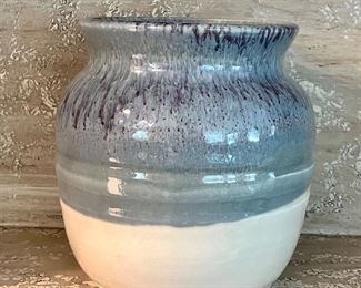 Item 13:  Glazed Pottery Jar (blue & cream) - 6" x 7": $28