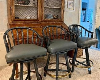 Item 38:  (3) McGuire Rattan & Leather Bar Stools - 21.5"l x 17.5"w x 37.5"h & seat height - 26": $1500 for 3