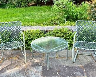 Item 97:  (2) Lightweight Vintage Armchairs & Side Table:  $235                                                                                   Armchairs - 22.5"l x 17.5"w x 30.5"h                                                  Side Table - 30" x 15"