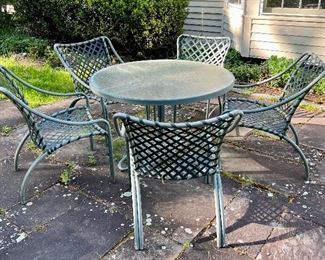 Item 98:  Vintage Lightweight Patio Table with 5 Armchairs:  $445                                                                                     Table - 41.5" x 25.5"                                                                                         Armchairs - 22.5"l x 17.5"w x 30.5"h