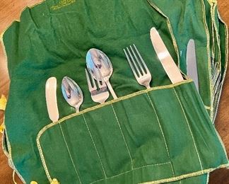 Item 113:  Dominic & Haff Sterling Silver Set:  $2650                                                          12 dinner forks, 12 salad forks, 12 knives, 12 butter knives, 16 teaspoons, 12 soup spoons, 1 slotted spoon, 1 serving spoon